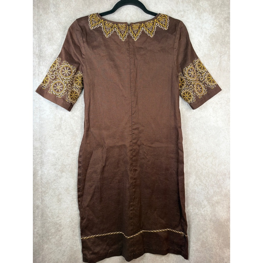 Dana Buchman Shift Dress Sz 8 Brown Embroidered Linen Blend Short Sleeve Boho - Picture 5 of 6